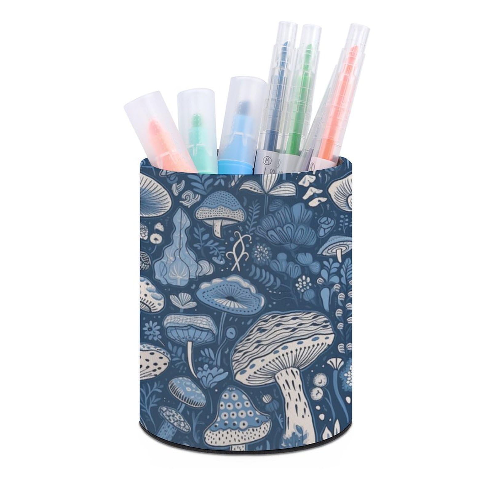 JTREHY Round Pen Holder,Cartoon Blue Mushroom Printed Makeup Brush Storage Box for Home Office Dressing Table