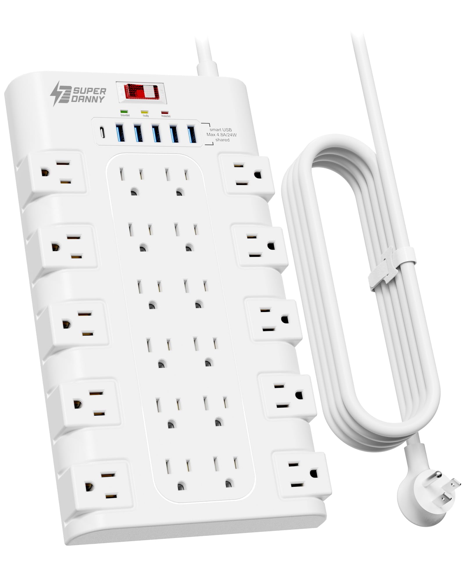 10Ft Extension Cord with Multiple Outlets, SUPERDANNY Surge Protector Power Strip (1875W/15A), 22 AC Outlets and 6 USB Charging Ports, Wall Mountable for Home, Office, Gaming Room, 2100 Joules, White White 6 USB - 10 ft