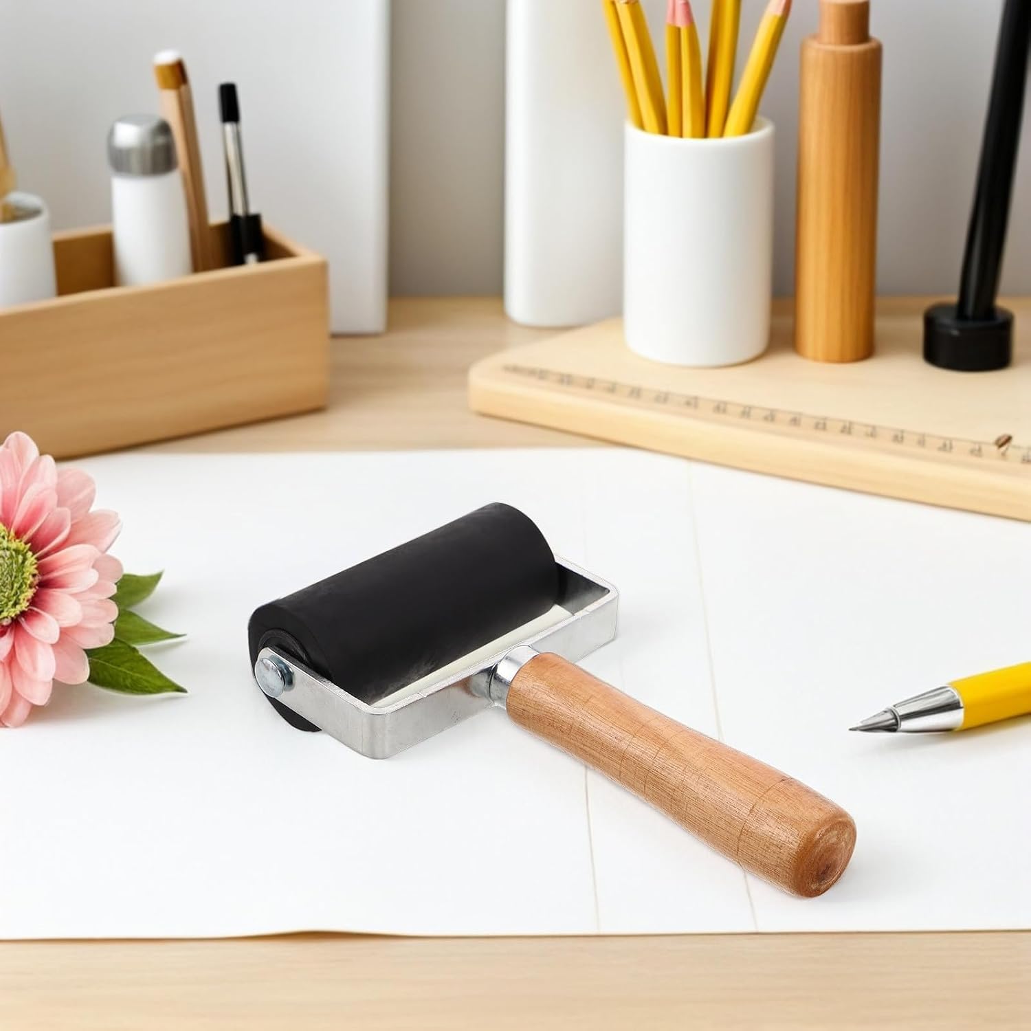 Gogogmee 2pcs Rubber Roller - Rubber Ink Paint Roller with Wood Handle for Printmaking and Crafting - Manual Inking Tool for Gluing Stamping Scrapbooking DIY Home Art Parties Events