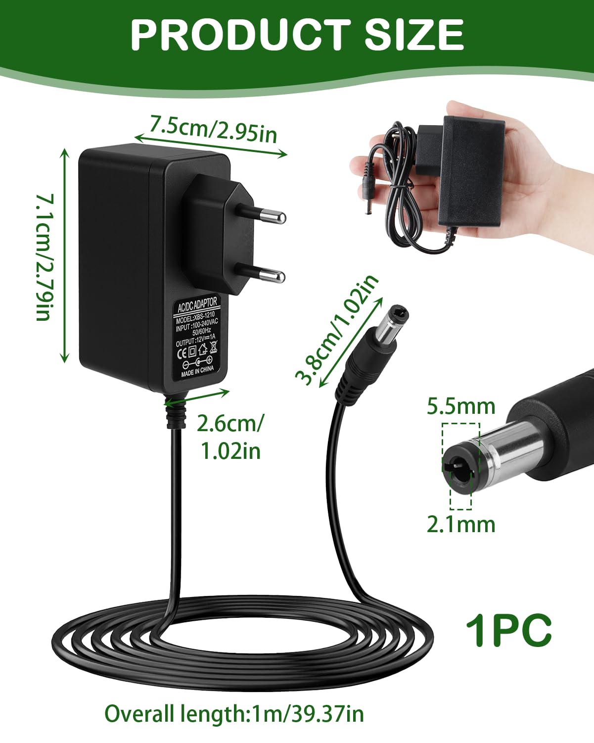 12V 1A Alimentatore di rete da, per strisce LED, per bambini, auto elettrica, moto, CCTV, router TV, fotocamera, adattatore AC/DC, 100-240 V, spina da 5,5 mm x 2,1 mm, cavo da 1 m