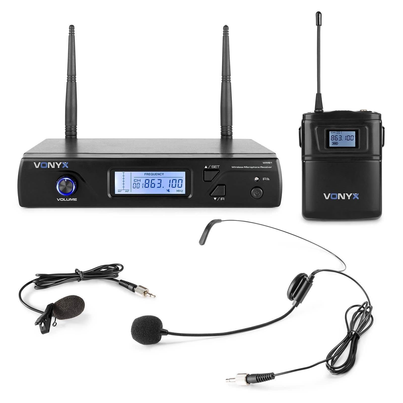 Vonyx WM61B - Microphones sans Fil UHF, 16 Canaux, 1x Micro Casque, 1x Micro- cravate, Idéal pour Conférences et Présentations