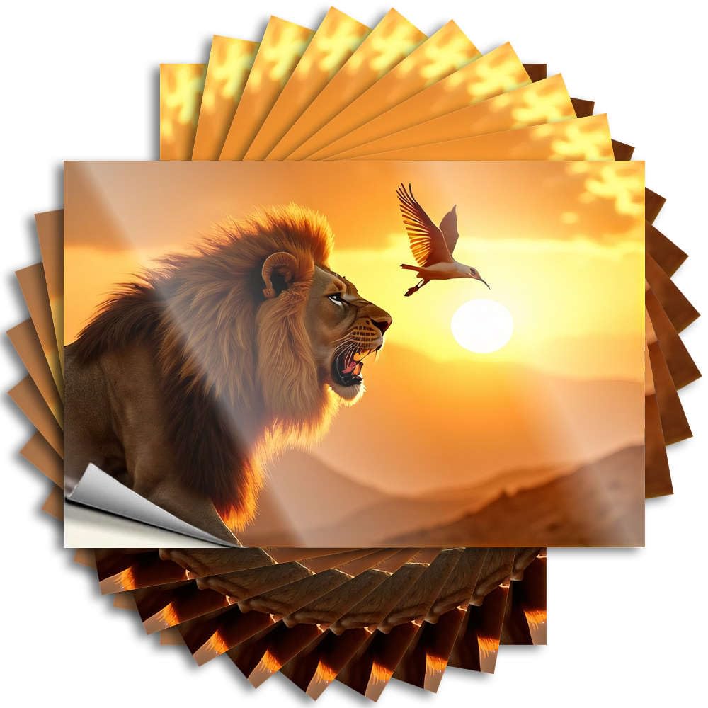 Sticker Grunge Peel and Stick - Lion Roaring At Bird in Sunset Window Metal Waterproof Vinyl for Items(12X18CM)