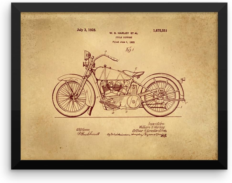 1928 Harley Davidson Motorcycles JDH Twin Original Patent Print Framed Poster - Unique Gift - Print in Wood Frame with Black Smooth Finish (12"x16")