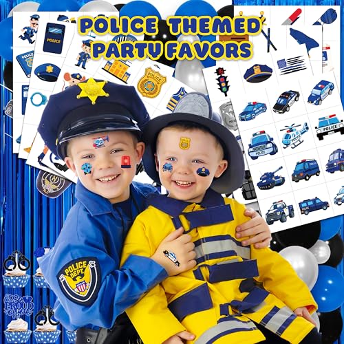 Image of 96 PCS Police Pre-Cut Temporary Tattoos for Kids Birthday Party Favors | Police Car Officer Policeman Theme Party Supplies, Decorations, Fake Tattoo Stickers, School Rewards & Gifts Boys & Girls