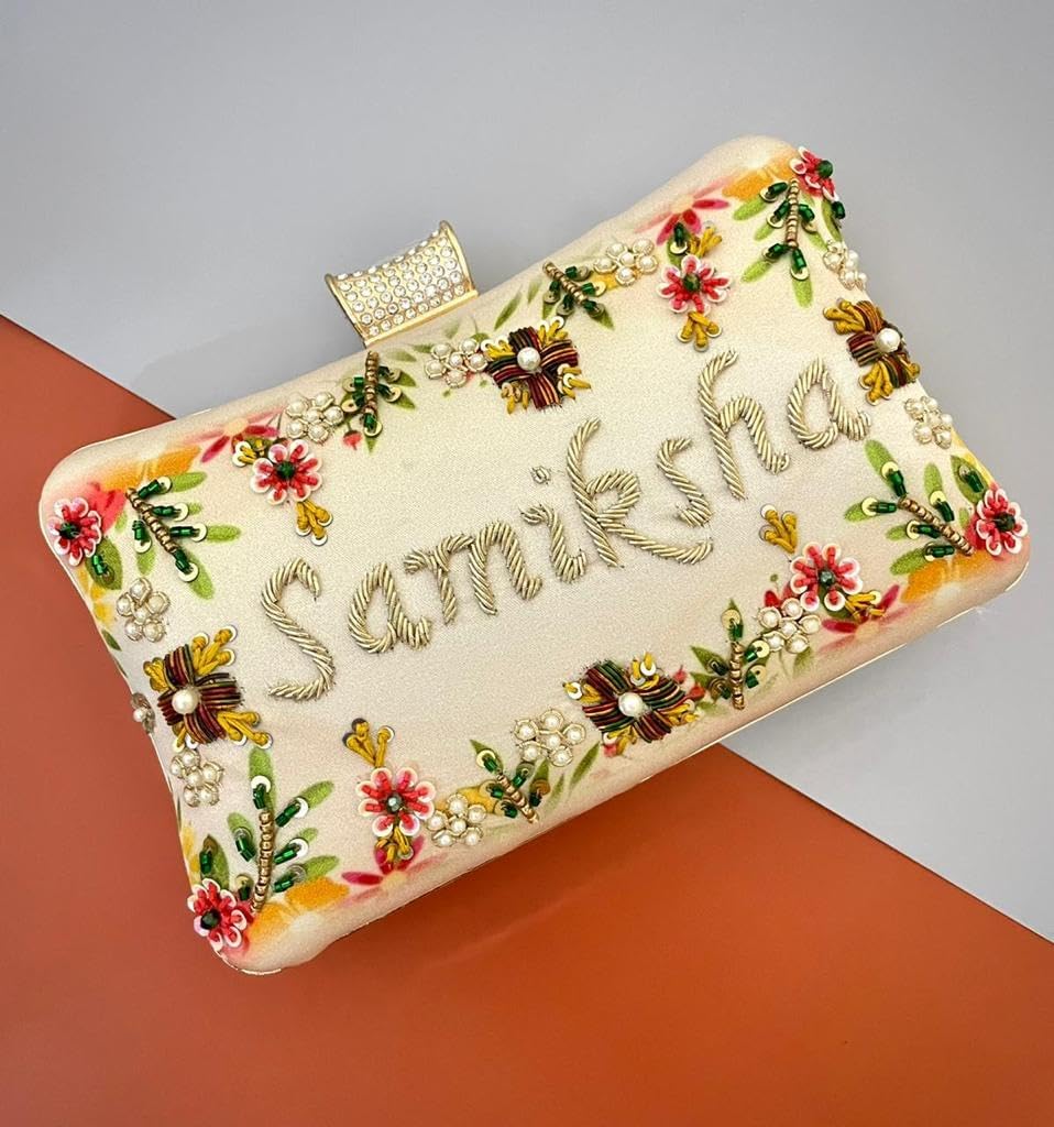 Personalized Custom Clutch Purse for Women, Embroidered Beaded Clutch Crossbody Bag with Gold Chain Strap
