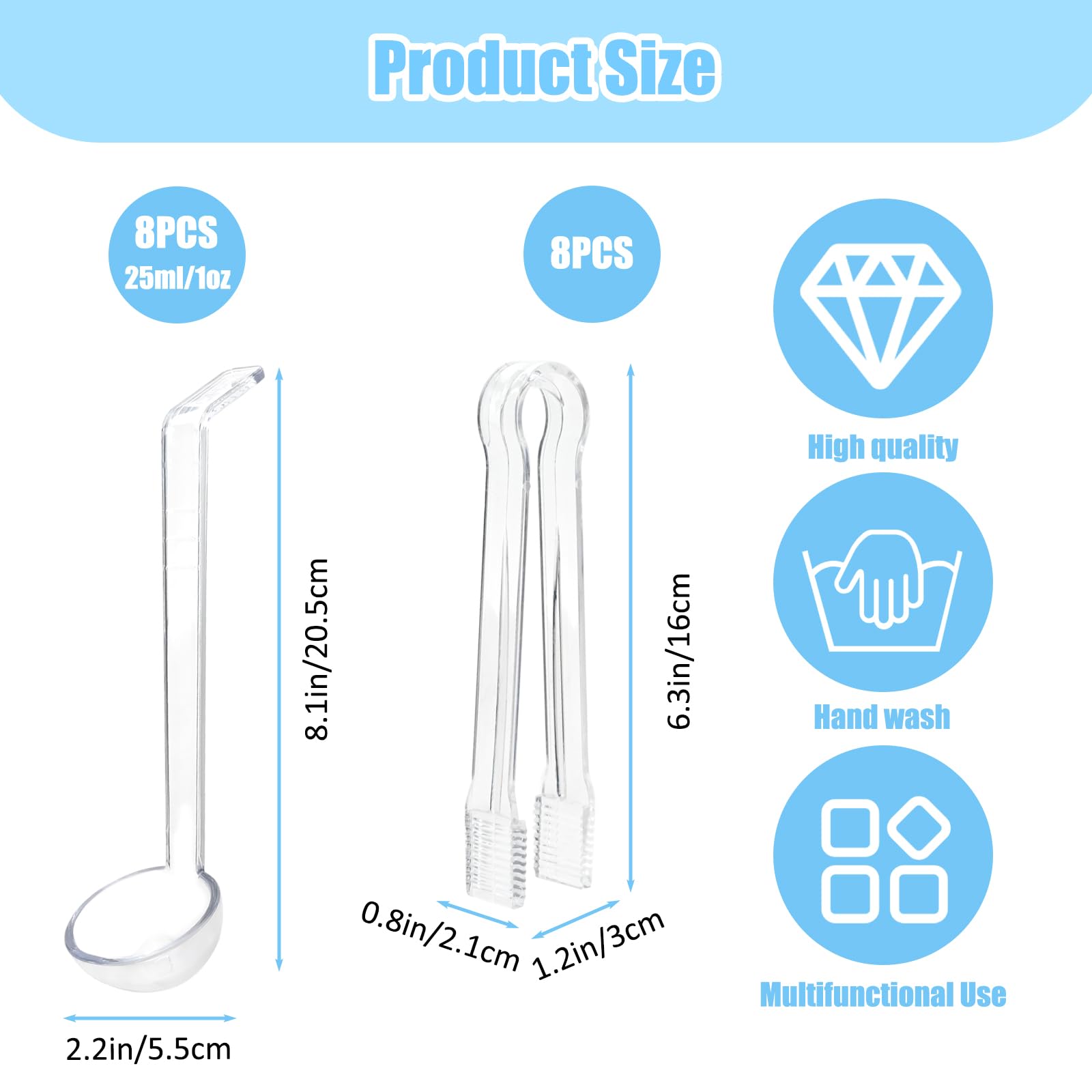16 Pcs Small Ladles and Tongs Set, Including 8pcs Plastic Salad Tongs 8pcs 1 oz Mini Soup Ladle, Serving Spoons for Kitchen Buffet BBQs Party Food