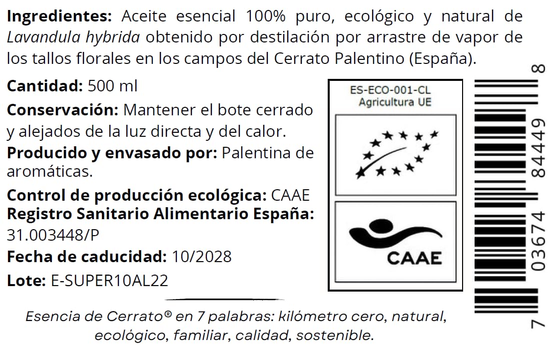 Esencia de Cerrato: Aceite esencial de Lavanda ecológico. 500 ml. 0,5l. Producido en España (Cerrato Palentino). Destilado por arrastre de vapor. Único con Registro Sanitario Alimentario Español