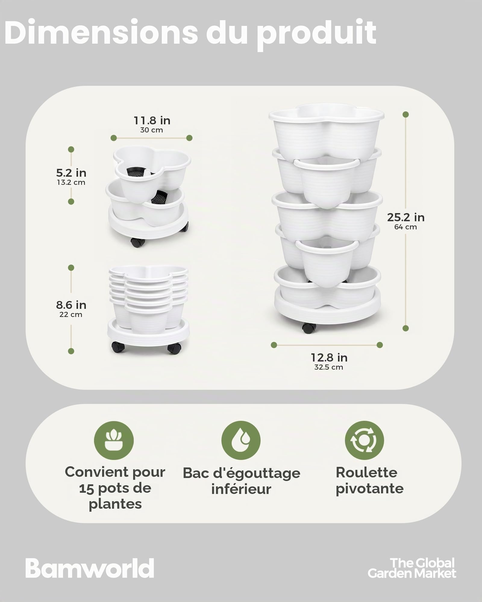 Bamworld Jardinière sur Pied 5 Niveaux Empilable avec roulettes Bloquables, pour Intérieur, Extérieur et Balcon, pour Herbes, Fraises et Légumes, Blanc