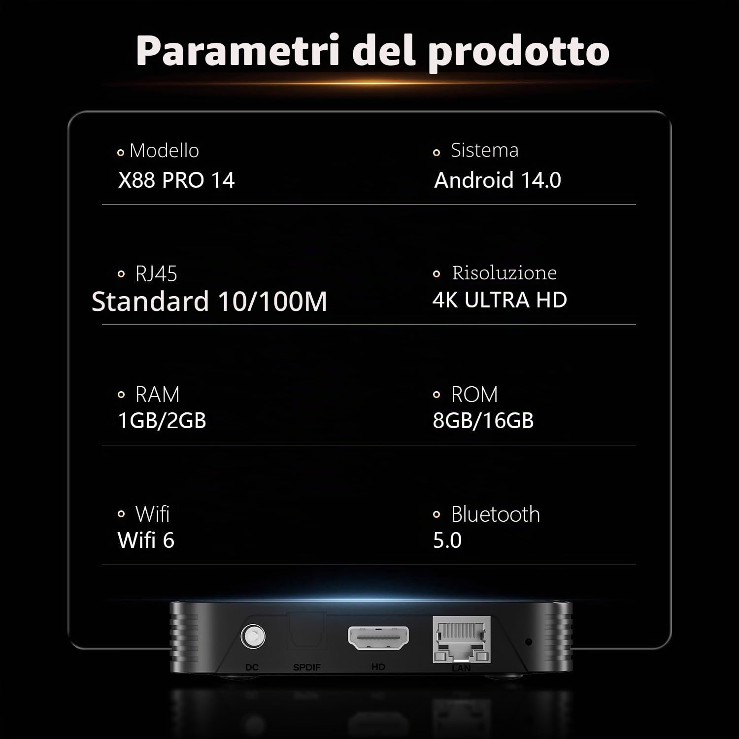 Android 14.0 TV Box, 2025 TV Box 4K con 2 GB RAM 16 GB ROM RK3518 Quad-Core 64bit Cortex-A53 Mali 450 MP2 GPU Supporto Bluetooth 5.0, Wi-Fi a Doppia Banda, 10/100M Ethernet HDR10