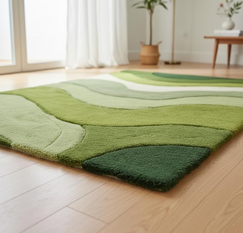 Green Abstract Wave Area Rug, Tufted, Multi-Shade Living Room and Dining Room Carpet (8' x 10' Feet)