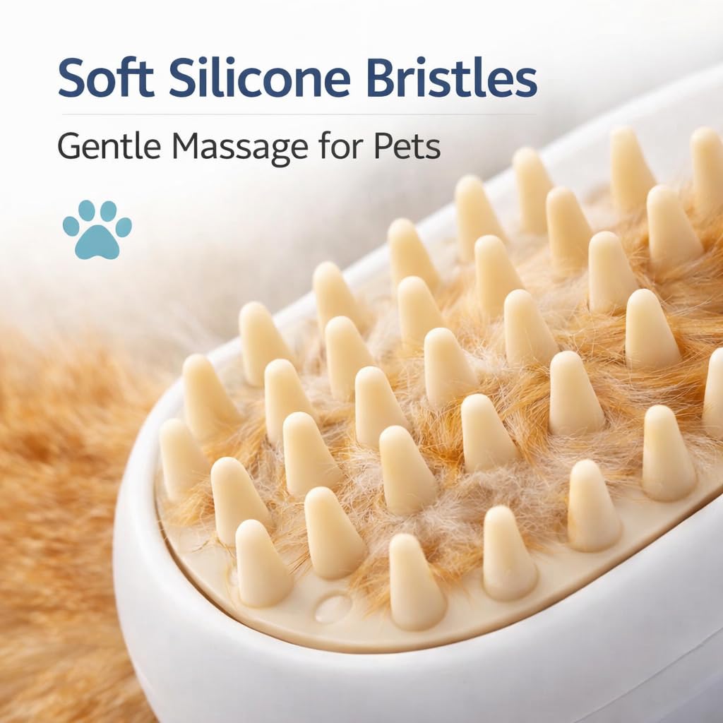 Three in One Electric Pet Grooming Brush with Fine Mist Spray | Combines massage, deshedding, and a fine mist spray to gently remove loose fur while cleaning the coat.