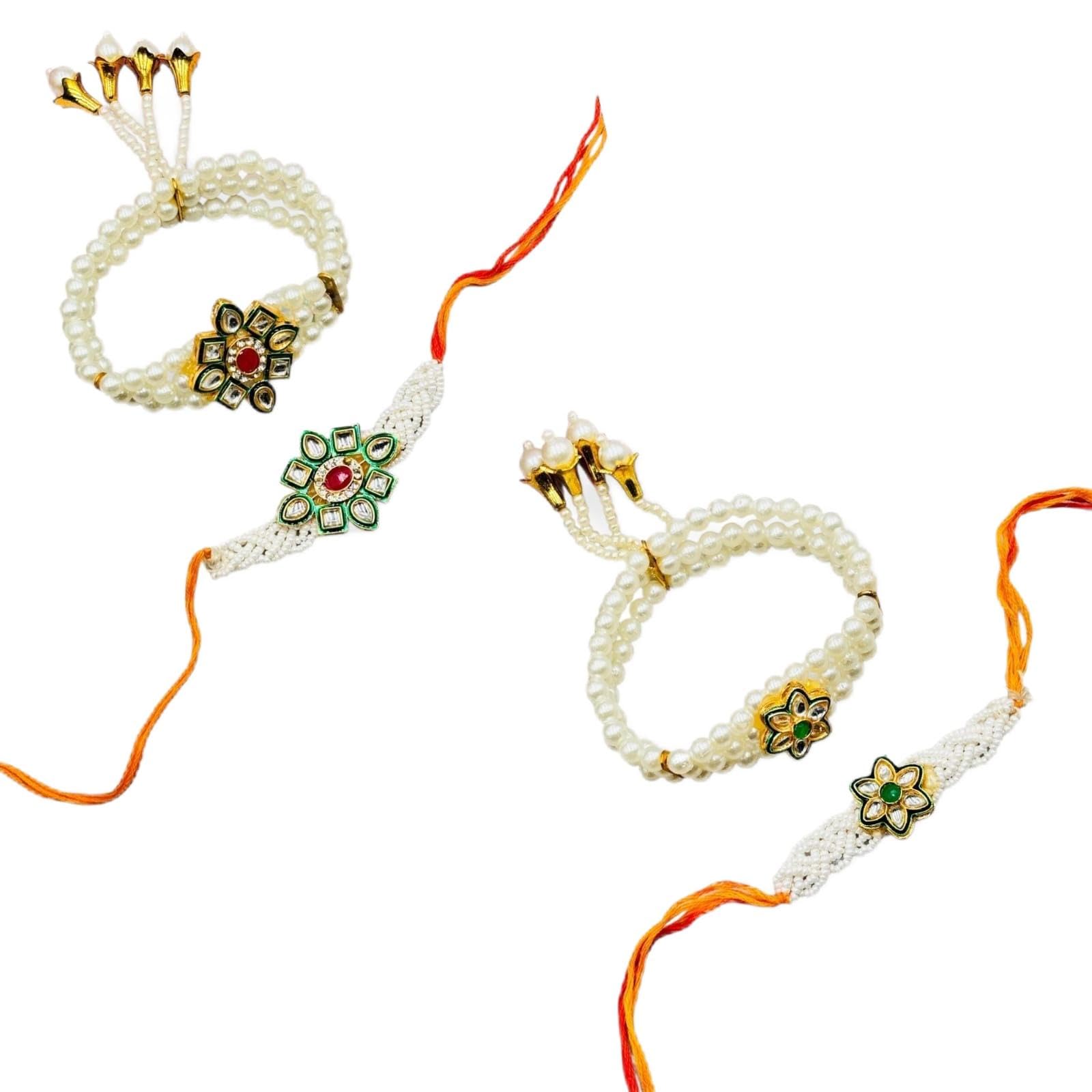 Pack of 2 Bhaiya Bhabhi Rakhi Combo Set | Traditional Floral Kundan and Multi-Layer Pearl Lumba Rakhi for Brother and Bhabhi | Designer Woven Seed Pearl Pair for Raksha Bandhan-image-6