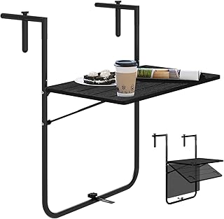 WOLTU Balcony Hanging Table, Balcony Table for Hanging, Foldable, 3-Level Height Adjustable, Balcony Table, Folding Table, Hanging, Weatherproof, 60 x 36 cm, Wood Look, Black