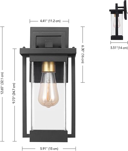 Miniatura 7 de GLOBE 60000028 - Lámpara de pared eléctrica para exteriores, 1 luz, color negro mate, acento de latón, pantalla de vidrio transparente con semillas,