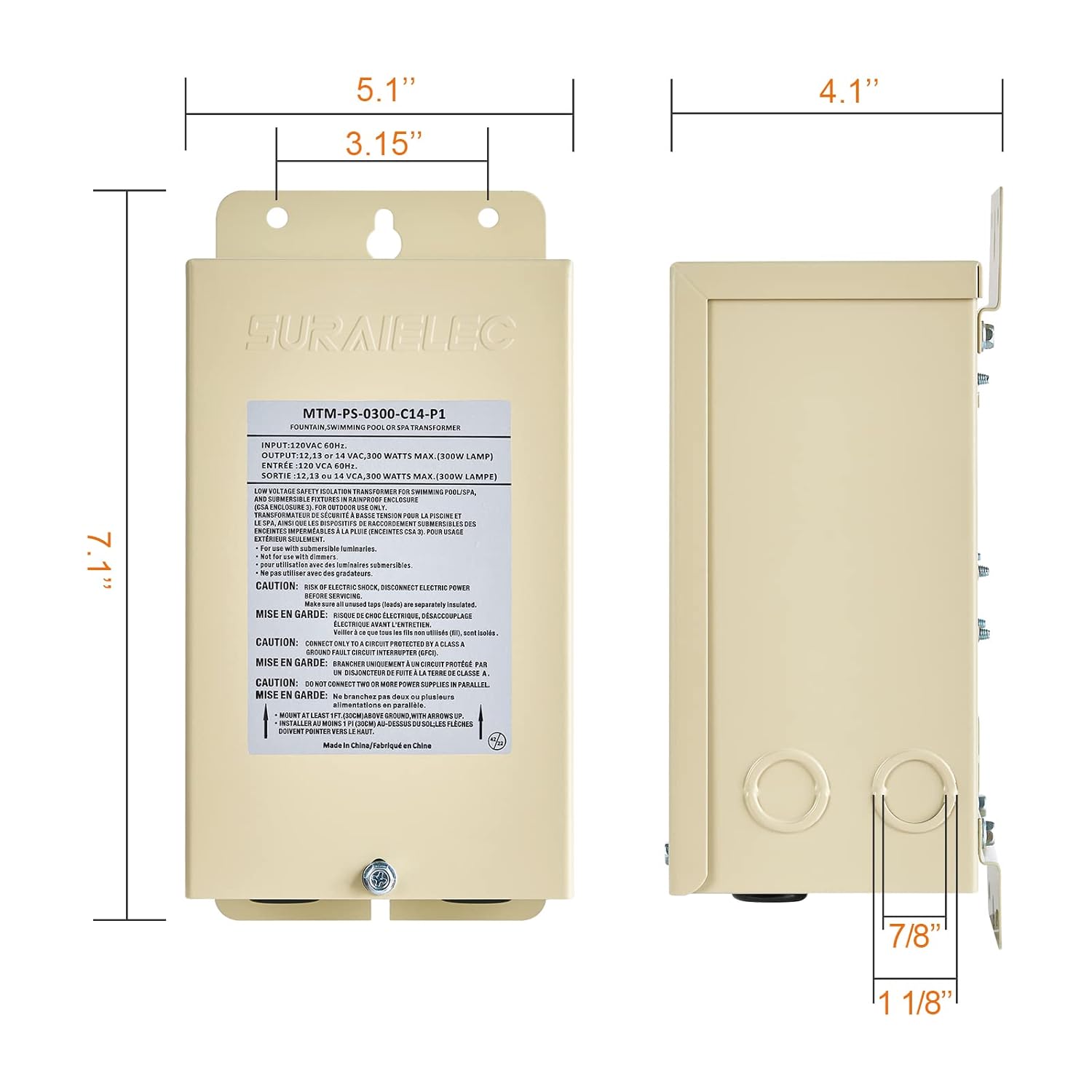 Suraielec 300W Pool Light Transformer, 120V AC to 12V 13V 14V AC Multi Tap Outputs, Low Voltage Landscape Transformer for Pool Spa Lighting, Fountain, Automatic Circuit Breaker, UL Listed