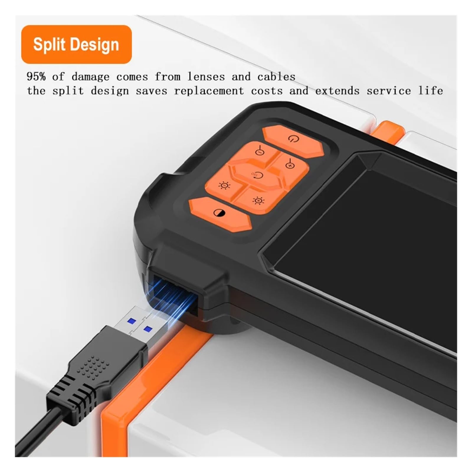 Cámara Endoscópica Pantalla De 4,3 Pulgadas Reemplazable 1-100 Metros Cable Rígido HD1080P Lente De 8MM Inspección De Tuberías USB Boroscopio LED 2600mAh(50m)