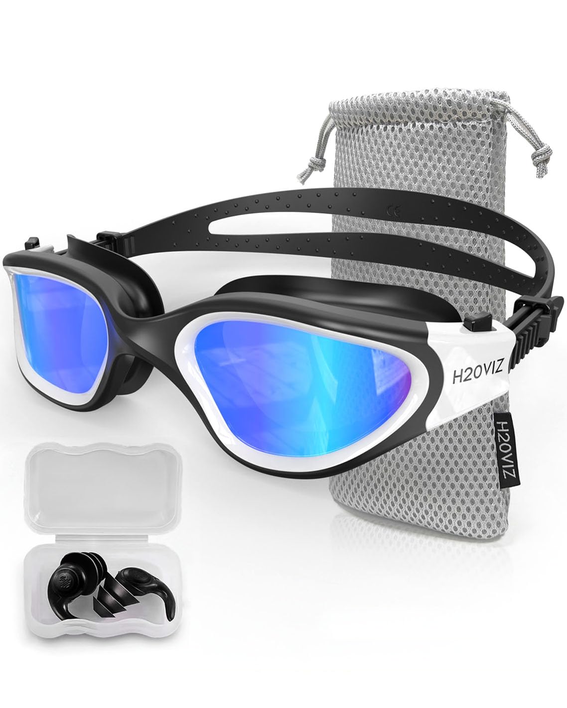 H20VIZ Swimming Goggles | Polarised, Anti-Fog, UV400 Protection, Anti-Leak, Includes Pro Swim Ear Plugs | Men Women Teens (Black/White - Blue) โ image 1