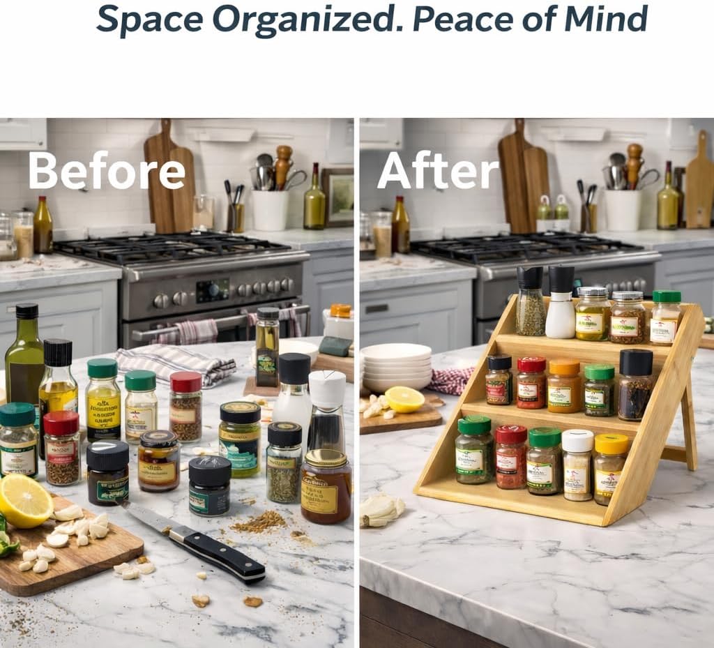 Homaisson 3 Tier Bamboo Spice Rack Organizer, Kitchen Countertop Spice Jar Organizer Tiered Spice Shelf Rack for Seasoning Can, 9.8 x 9.8 x 9.8 In