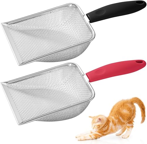 PLACHIDAY Pala de arena para gatos, 2 piezas de palas de esquina duraderas para limpiar arena, pala de arena de malla de acero inoxidable, fácil de