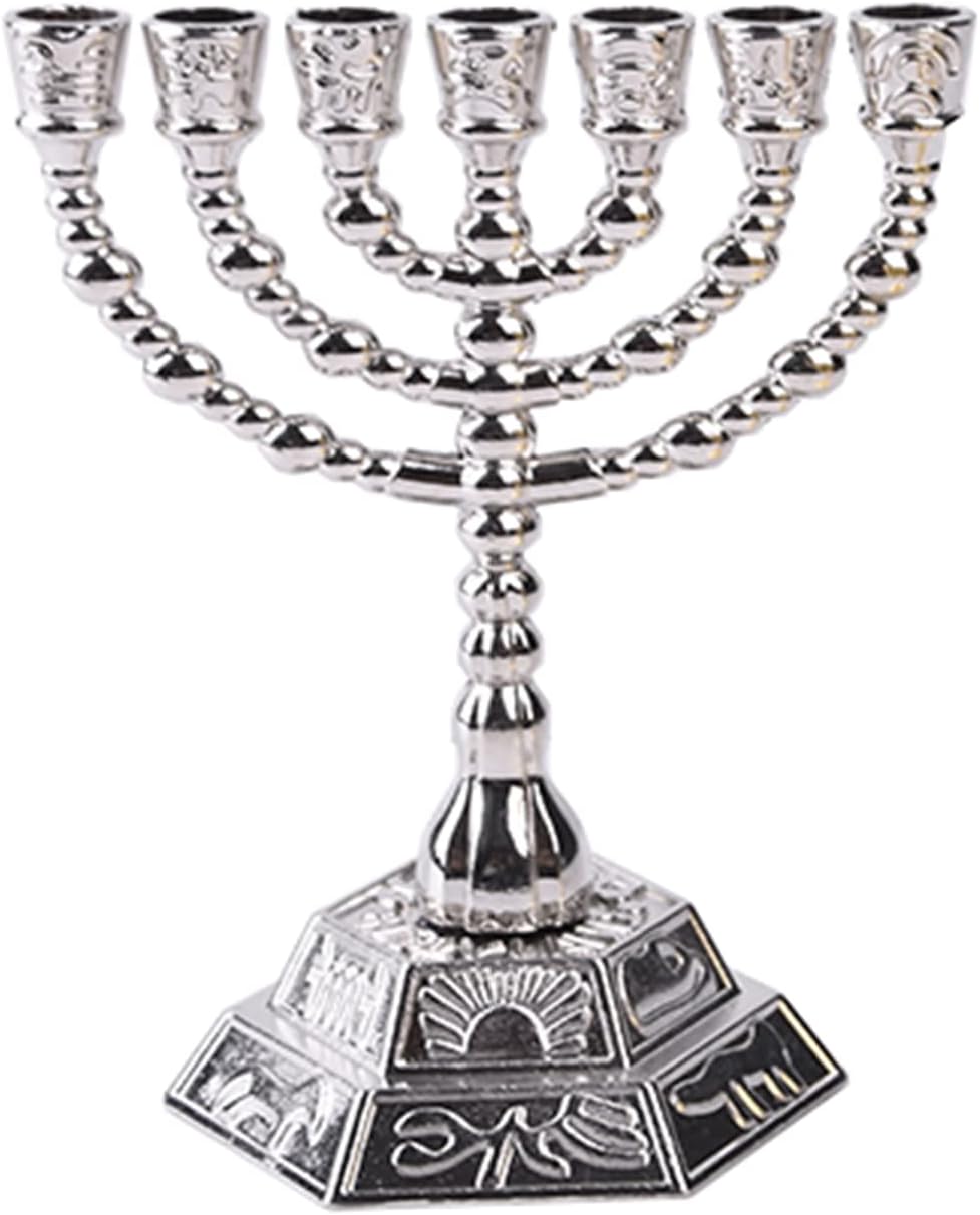 Judaica 7 Branch Israel Menorah Israeli Jewish Crafts Zinc Alloy 7-Head Candlestick Sabbath Prayer Corner Thanksgiving Menorah Decorations