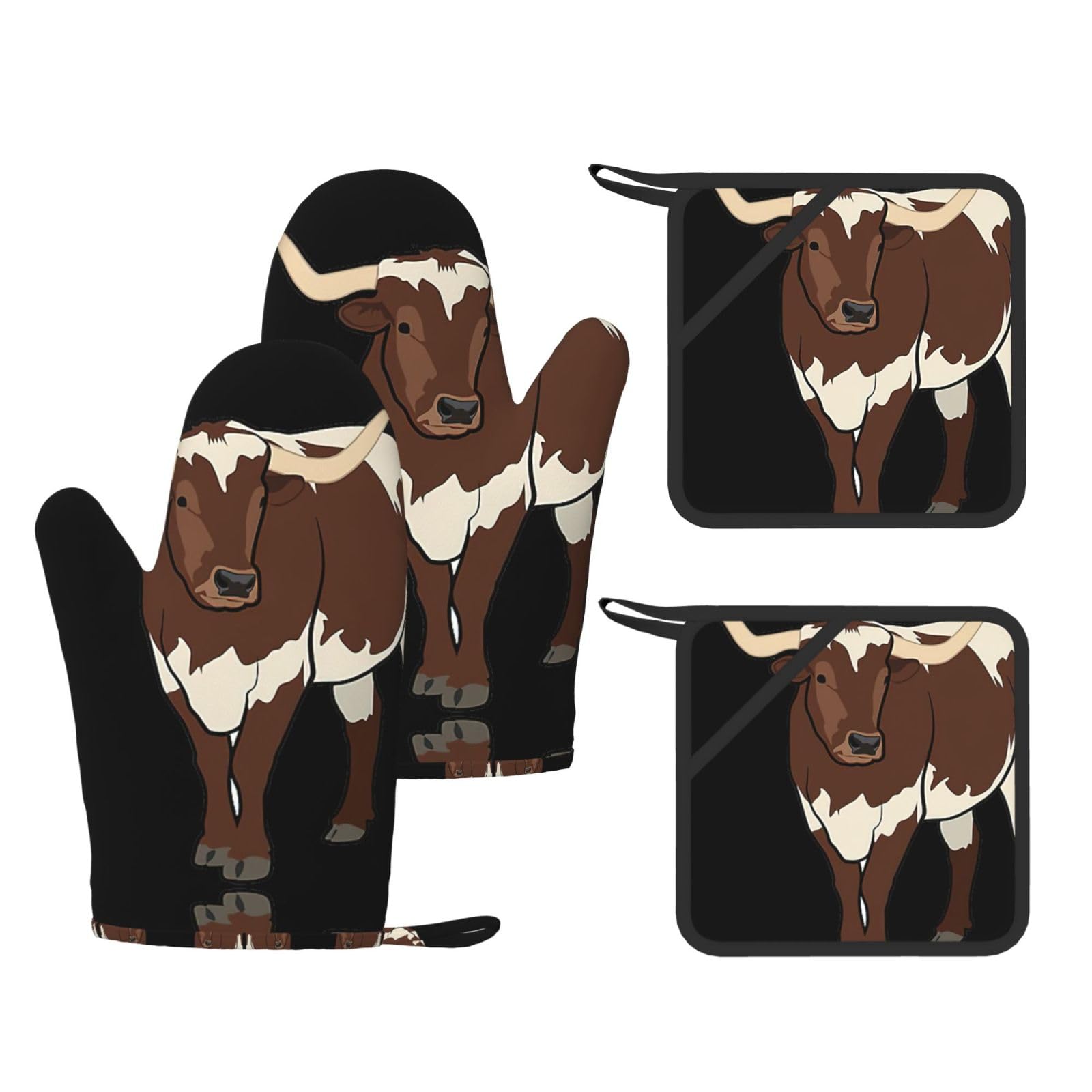 Animal cow Printed Oven Gloves and Hot Pads Set of 4, High Heat Resistant Silicone Mitts for Cooking BBQ