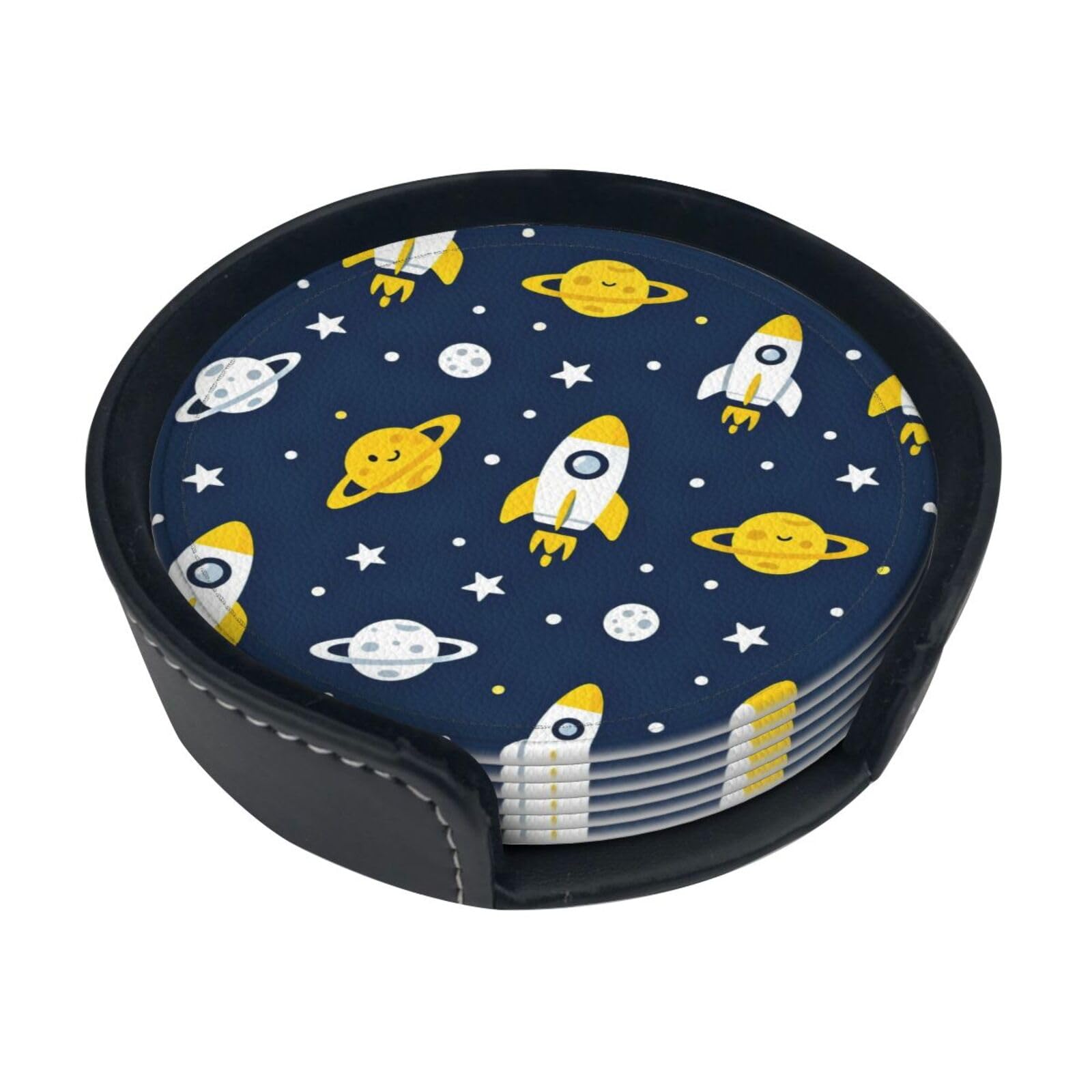 Cntdbu White Rockets And Planets Leather Coasters Set Of 6-Pu Leather Drink Mats For Table, Heat Resistant Round Coasters With Holder