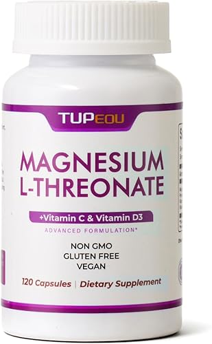 Magnesio L-treonato 120 cápsulas, vitamina D3, treonato de magnesio con vitamina C, alta absorción, sin OMG, suministro de 60 días (120)