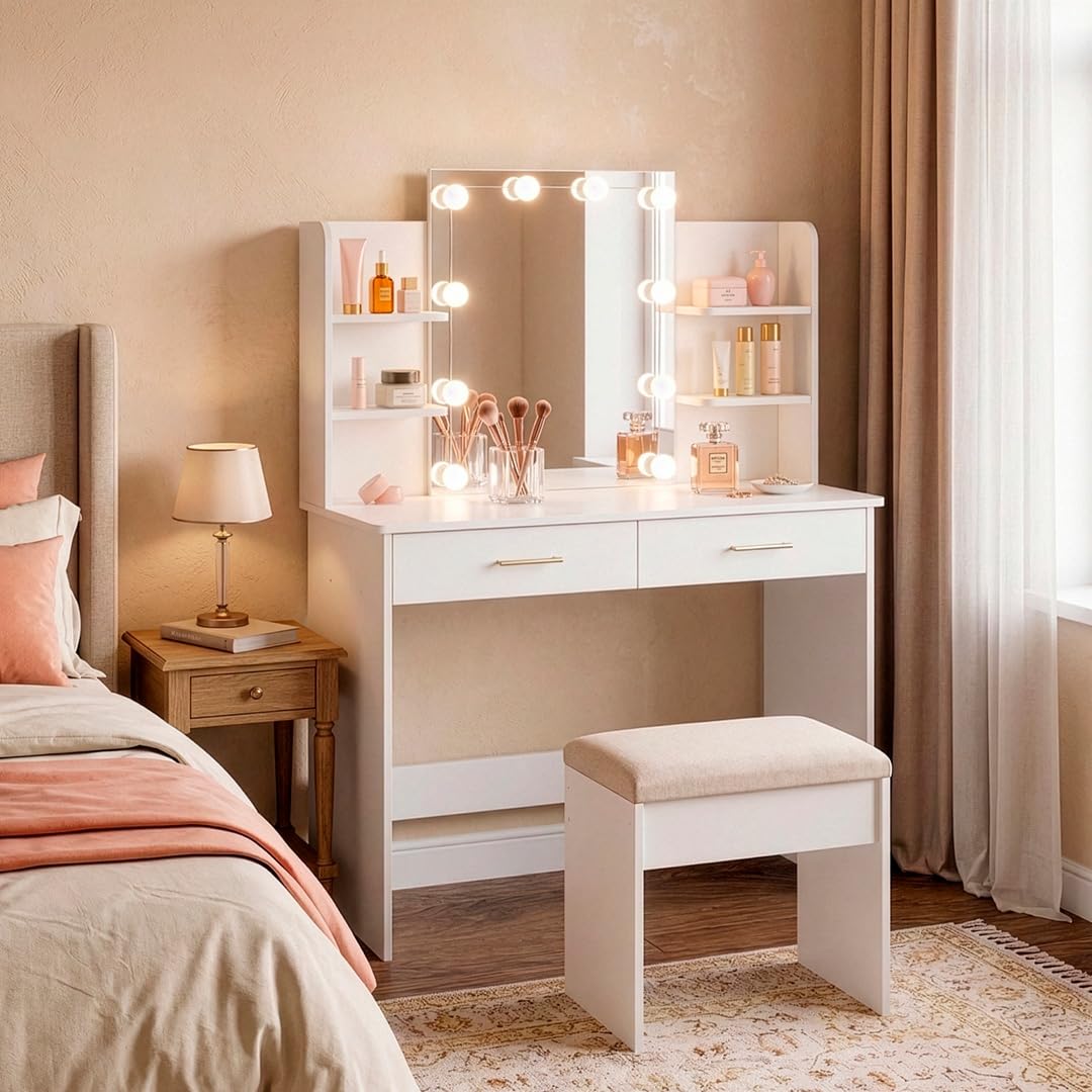 Marctani Tocador de Maquillaje con Luz LED Regulable, Espejo 10 Luces, Escritorio Compacto con Cajones