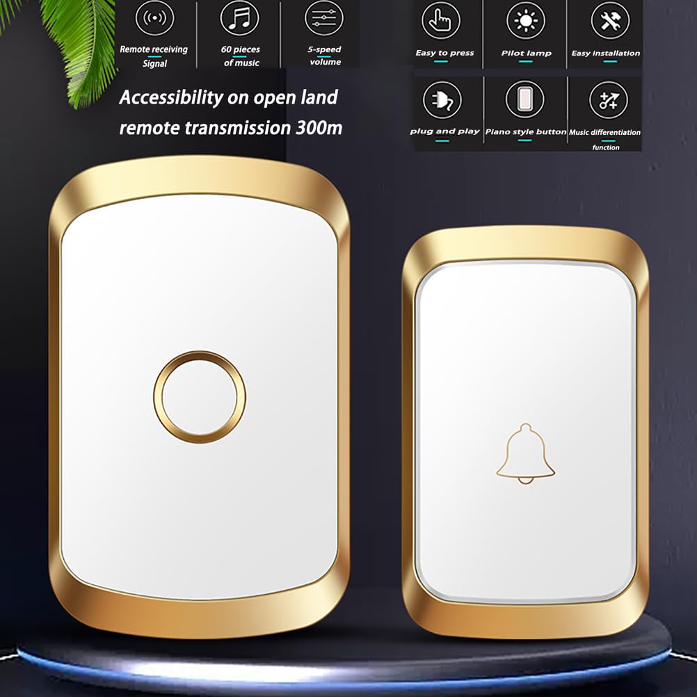 Timbre Inalámbrico Exterior Impermeable IP55, Timbre para Puerta Largo Alcance de 300m, Indicador LED, 1 Transmisor y 2 Receptores, 5 Niveles de Volumen Ajustable, 60 Melodías,Black Gold
