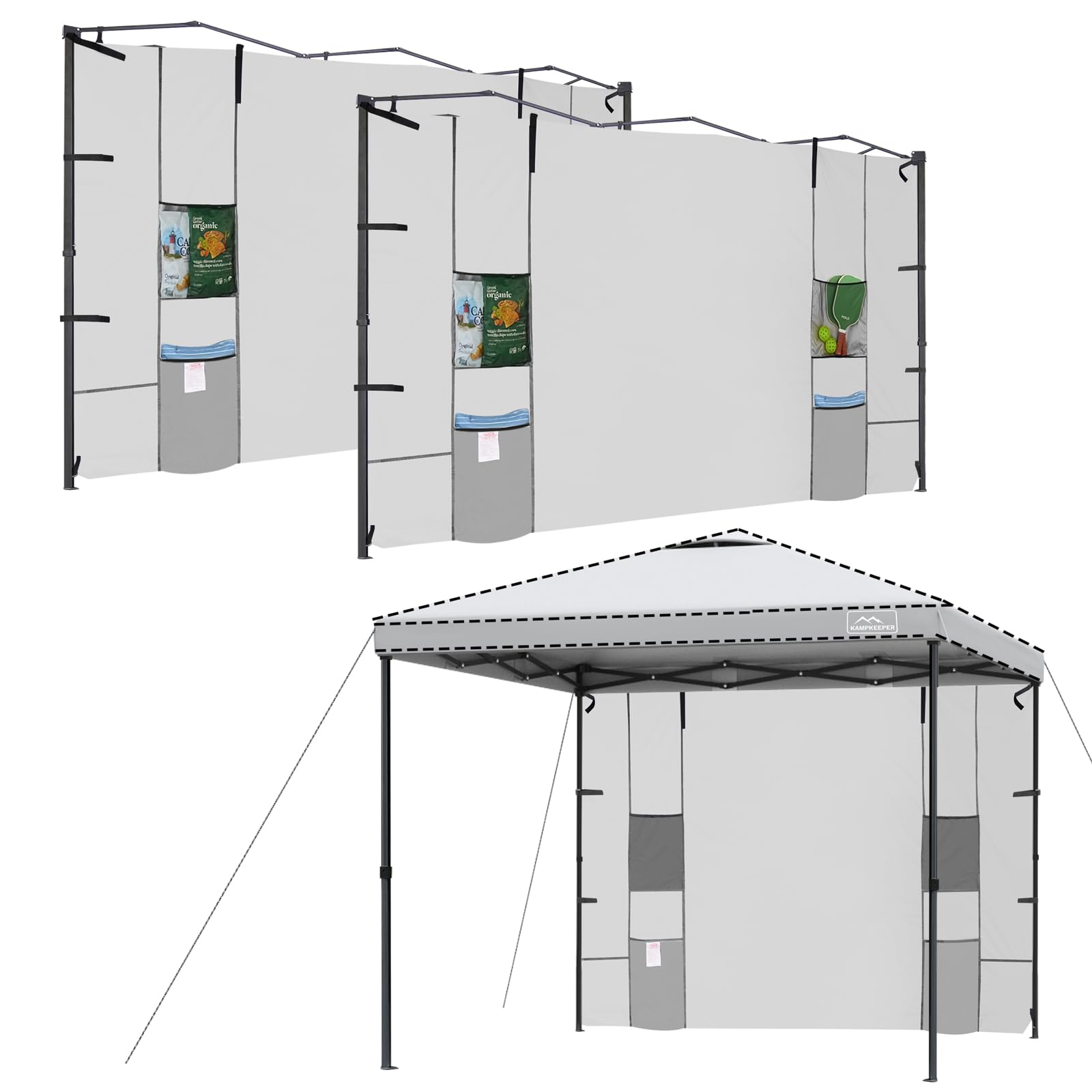 KAMPKEEPER Lot de 2 Parois Latérales 183 x 305 cm pour Tonnelle Pliante, Polyester 210D Imperméable UV 99%, avec 4 Poches, Montage Rapide, Compatible Barnum Pop Up à Pieds Droits