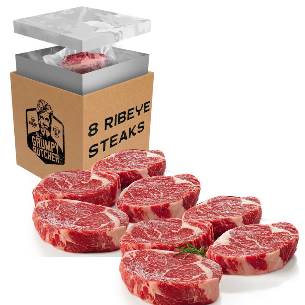 Grumpy Butcher Ribeye Steaks, 8 Pack (14 oz each) - Prime Steakhouse Quality Beef Ribeye Steak Meat - For Delivery in Grumpy Butcher Meat Gift Packages Specials Option