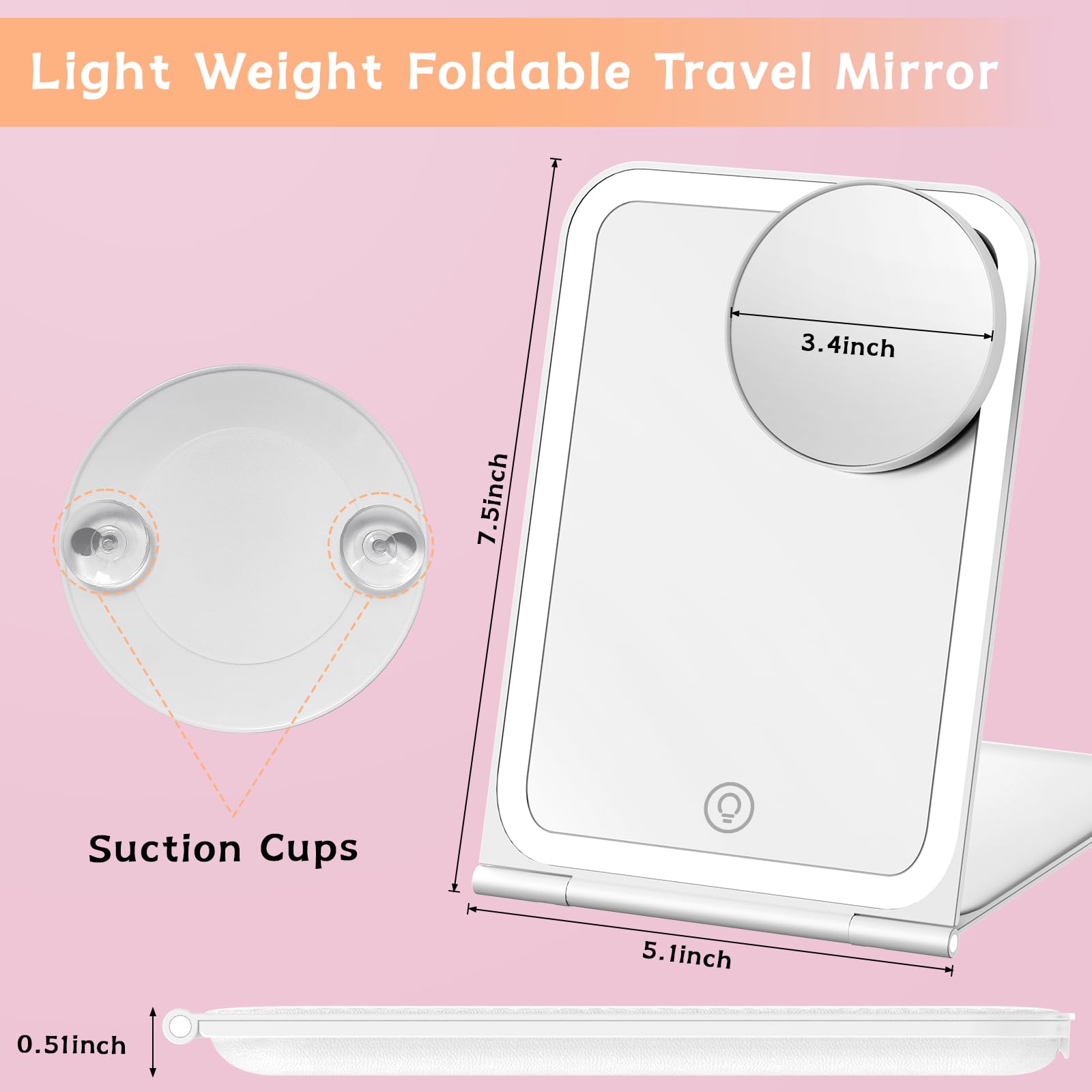 KerMiCi Espejo de maquillaje de viaje con 72 luces LED, espejo de belleza portátil iluminado con espejo de aumento de 10 aumentos
