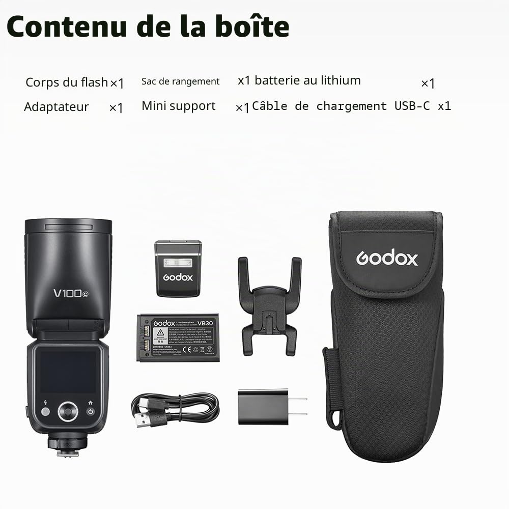Godox V100C Flash V100-C Globalement Synchronisé Lit Lumineux 100Ws 1/8 000 Seconde, Batterie Lithium Intégrée 1/8 000 HSS, Modélisation LED 10 Niveaux, pour Appareil Photo Canon