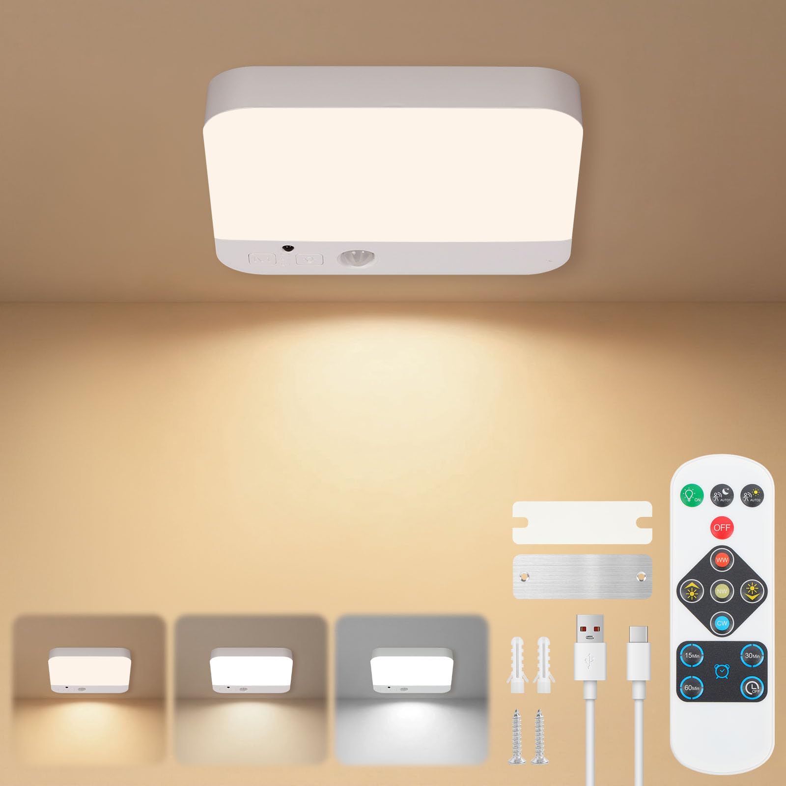 URAQT Ceiling Light Motion Sensor, 5.9inch Cordless Bathroom Ceiling Lamp with Remote, Magnetic Battery Powered Light, 3 Color Temperatures, Rechargeable Wall Lights for Shed Porch Stairs Bath Garage