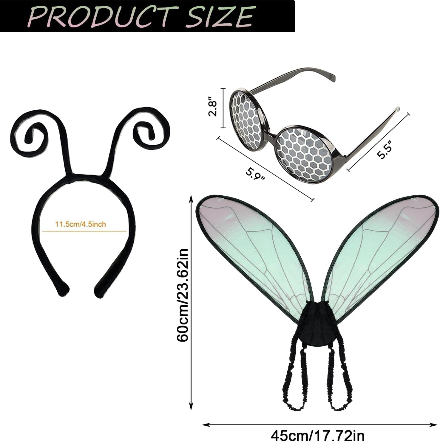 Fly Costume Bug Accessories Set, Bug Wings, Butterfly Antenna Headband and Glasses Insect Butterfly Accessories for Woman Halloween Party Cosplay Costume