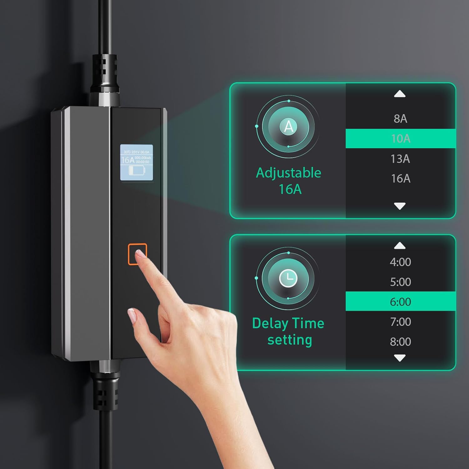 Portable Level 1 EV Charger, Electric Car Charging with 25ft Charging Cable, Home EV Charging Station for SAE-J1772 Charger, 16A Electric Vehicle Charging with NEMA 6-20, Current Adjustable
