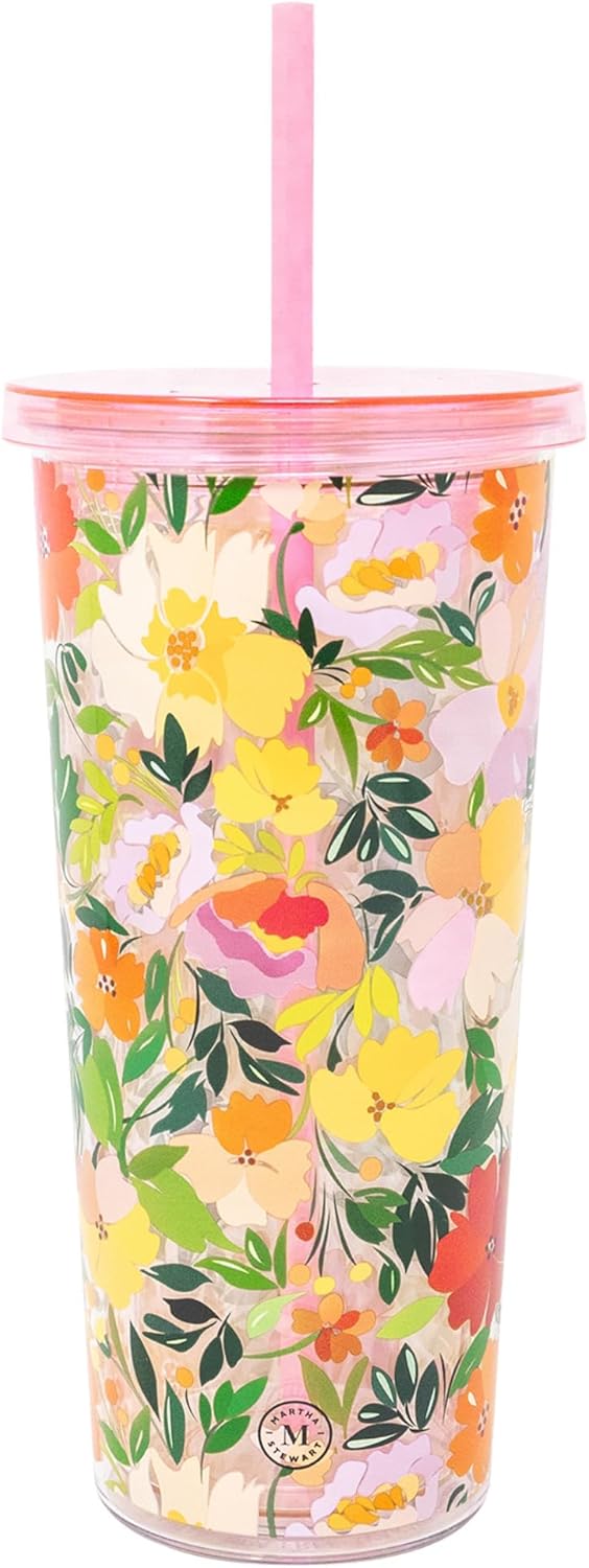 Martha Stewart Double Wall Tumbler with Lid and Reusable Straw, Floral Acrylic Cup, Insulated Travel Cup Holds 24 Ounces (Joyful Blooms) - Thumbnail 2