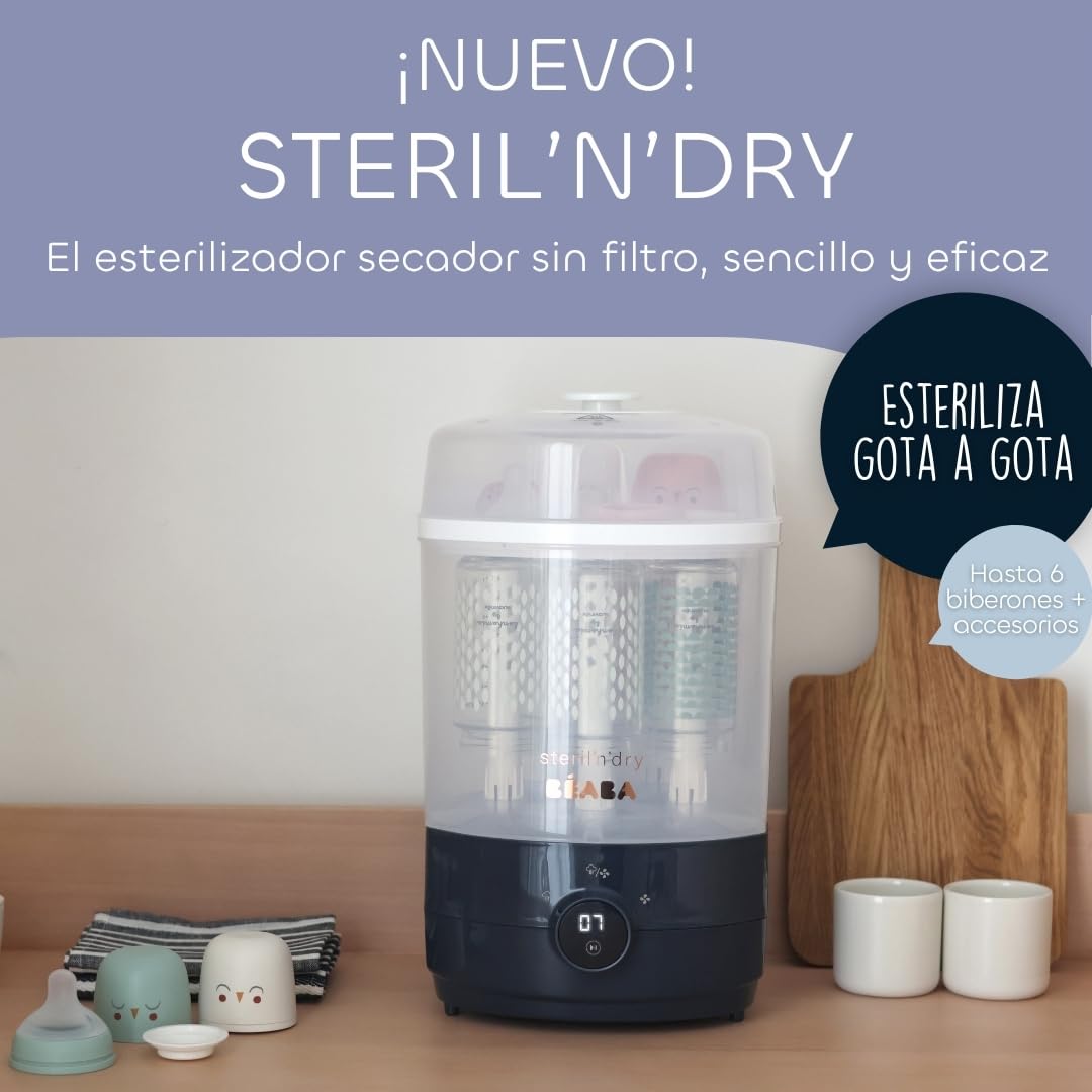 Béaba Esterilizador Secabiberones y Accesorios 2 en 1, 2 Compartimentos, 3 Modos, Elimina el 99.9% de las Bacterias, Gran Capacidad, Sin Filtro, Modular, Sencillo y Rápido, Steril'n'Dry, Azul Noche