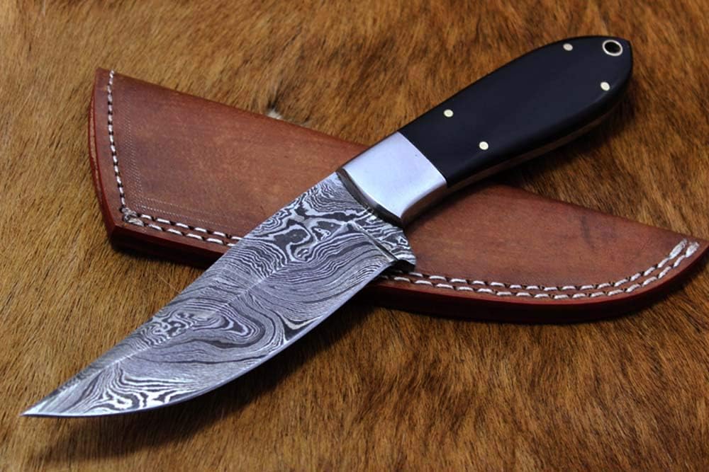 9" Long Skinning Knife, Oval Shape Bull Horn Scale with Steel Bolster & Inserting Hole, Hand Forged Twist Pattern Damascus Steel Full Tang Blade, Cow Leather Sheath Sheath Included
