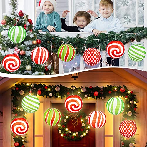 Image of Panelee 12 Pcs Christmas Peppermint Paper Lanterns 8 Inch Red Green White Candy Canes Hanging Round Paper Lanterns Holiday Xmas Party Decorations for Home Classroom Ceiling
