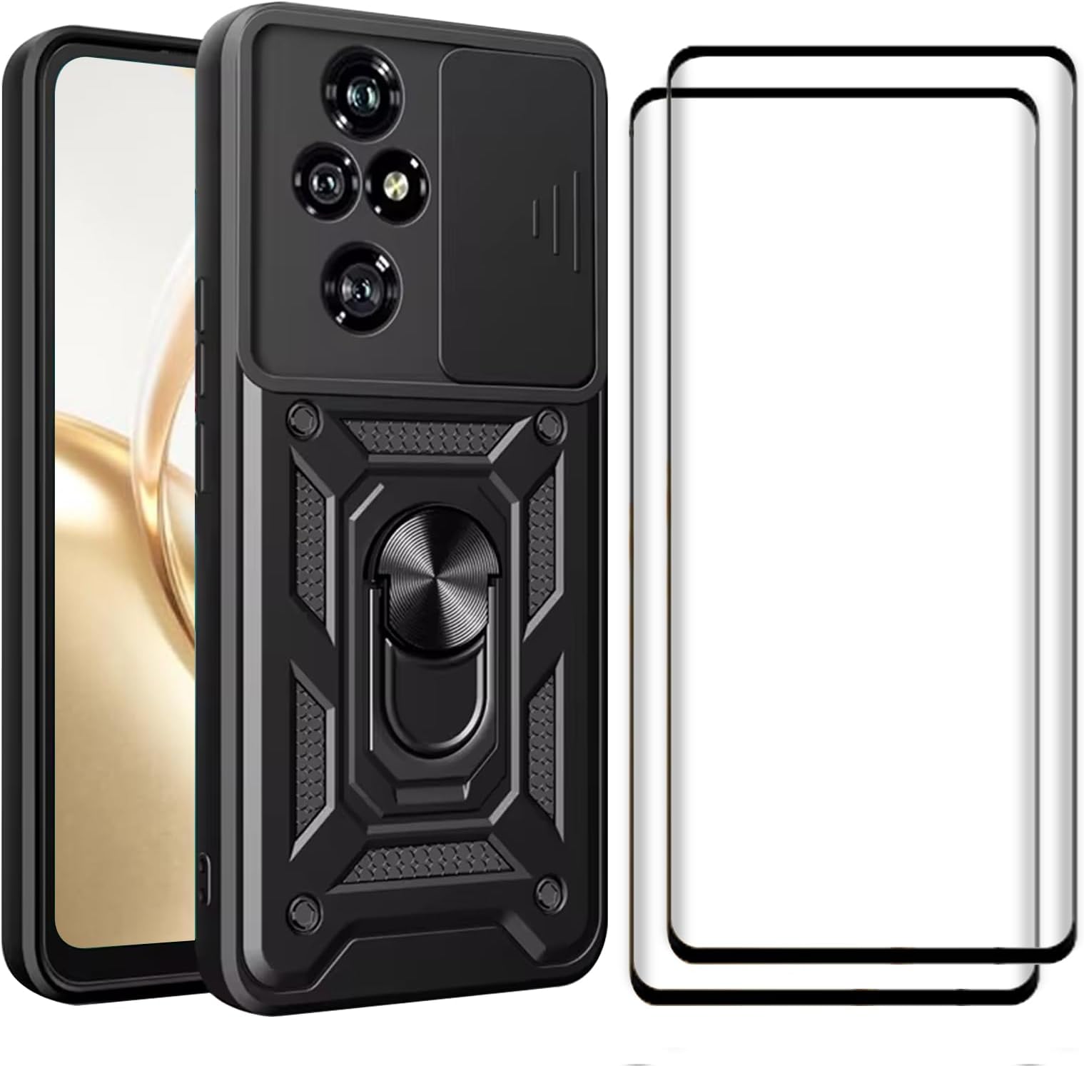 Lukione [1+2pcs] Case Cover Compatible with Honor 200 Pro 5G,Tempered Glass Screen Protector,Built Slide Camera Protection Cover,Military Heavy Duty Protective Phone Case,Ring Kickstand, Drop Proof