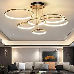 Luminária de Teto LED com 3 Temperaturas de Cor Ajustável - Plafon de Metal com Aro Metálico, Lustre Moderno para Sala, Sala de Jantar, Quarto e hall​​ (Ouro, 6 luz)