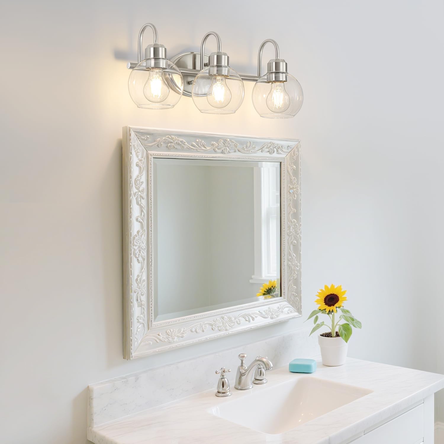 3-Light Bathroom Vanity Light, Brushed Nickel Bathroom Wall Light Fixtures, Modern Wall Sconce with Clear Glass Shades, Wall Lamps Over Mirror Washroom Bedroom Living Room Hallway image 4