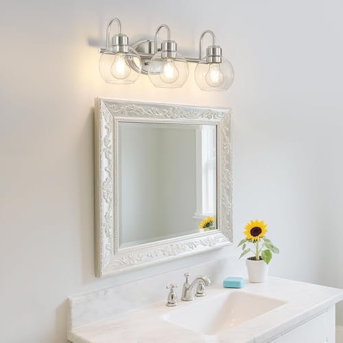 Miniatura 4 de Lámpara de tocador de baño de 3 luces, lámparas de pared de níquel cepillado, aplique de pared moderno con pantallas de vidrio transparente,