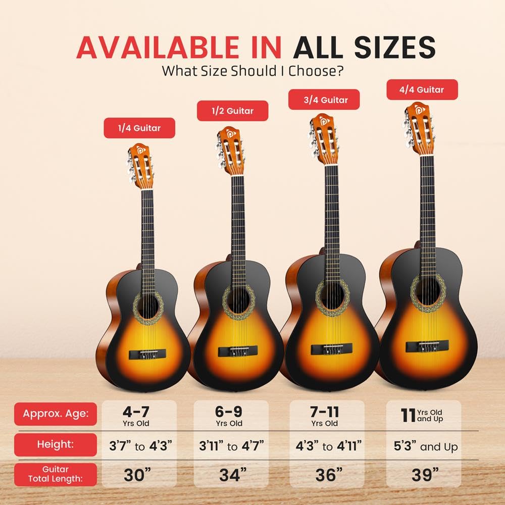 Pyle Guitarra acústica de tamaño medio junior – Set de guitarra de concierto para principiantes niños a partir de 6 años, forma de gota de sol, mate, incluye funda de correa, púas, cuerdas, paño de