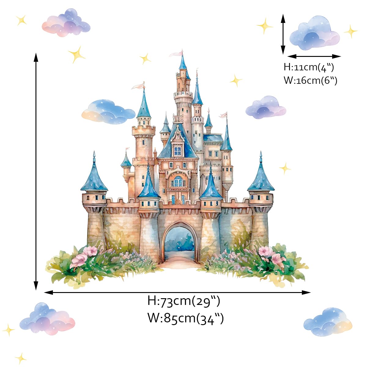 Wall Decals For Girls Room PLIGREAT Princess Castle Wall Decals, Watercolor  Cloud Fairy Frozen Wall Decals, image size:1200x1200