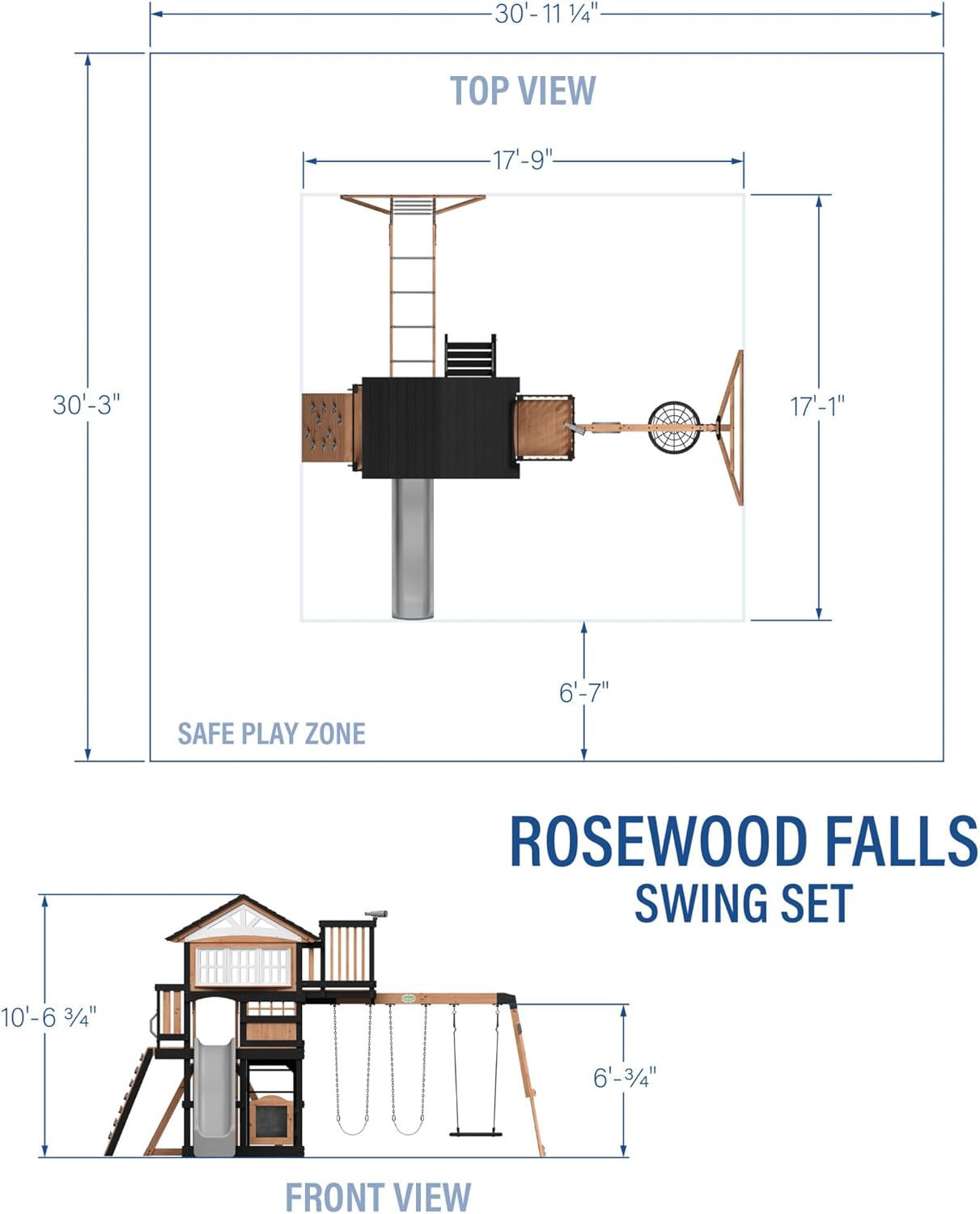 Backyard Discovery Rosewood Falls Cedar Wood Swing Set with Monkey Bars, Clubhouse, Crow's Nest, Play Kitchen, Wave Slide, Rock Wall, Belt Swings, Web Swing, Half Door, Chalkboard, Outdoor Playset