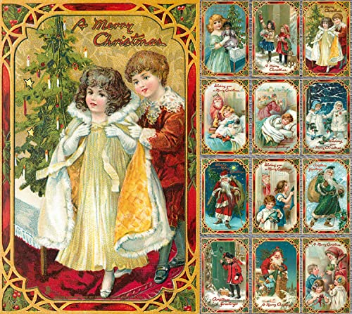 Image of PIXILUV CHRISTMAS SCENES (Pack of 12) Notecards Small Greeting Cards # Beautiful Christmas Scenes Framed in Red Borders ~ Vintage Christmas Postcards Reprint