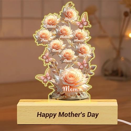 Cada rosa contiene una pieza de tu lámpara de corazón, placa de rosa personalizada con nombre de 1 a 10 niños, luz LED personalizada para mamá, flor