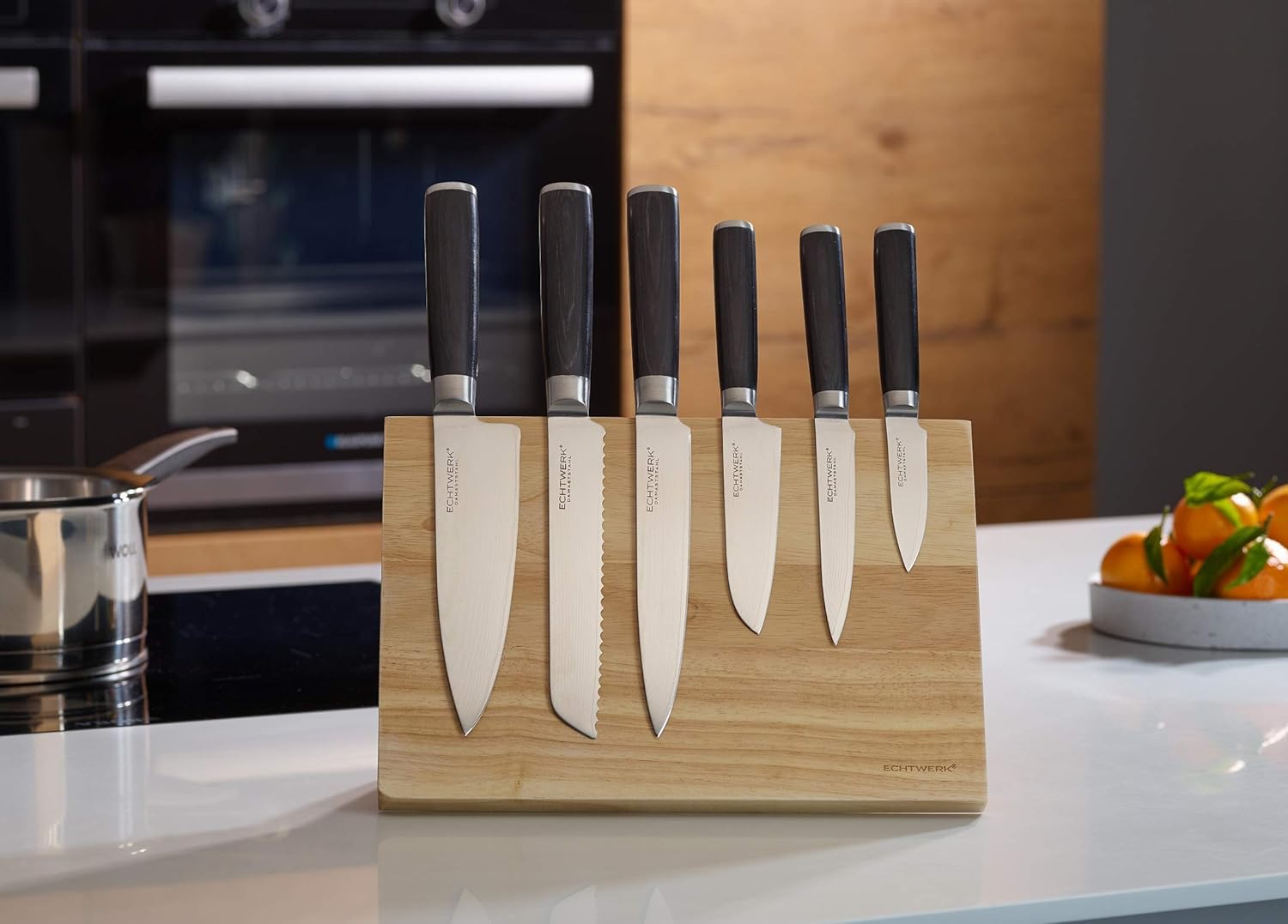 ECHTWERK Set Coltelli Damasco 7 Pezzi Con Blocco Magnetico: Chef, Pane, Santoku, Filetto, Multiuso E Spelucchino